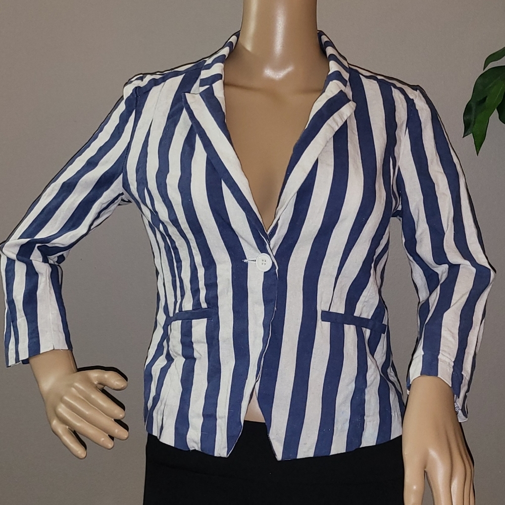 Linen Blazer Block Stripe Contrast Preppy Suit Coat Nautical Haute Couture Chic